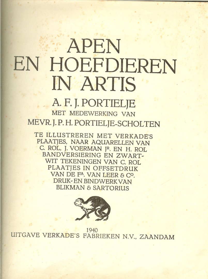 Portielje, A.F.J. met medewerking van Mevr.J.P.H. Portielje-Scholten - Apen hoefdieren in Artis