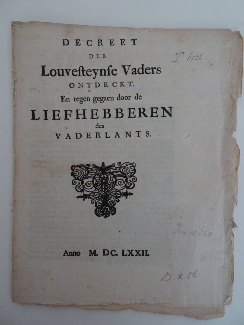  - Decreet der Louvesteynse Vaders ontdeckt. En tegen gegaen door de Liefhebberen des Vaderlants.