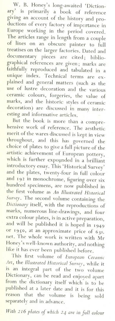 Honey, W.B. - European Ceramic Art - Illustrated Historial Survey from the end of the Middel Ages to about 1815