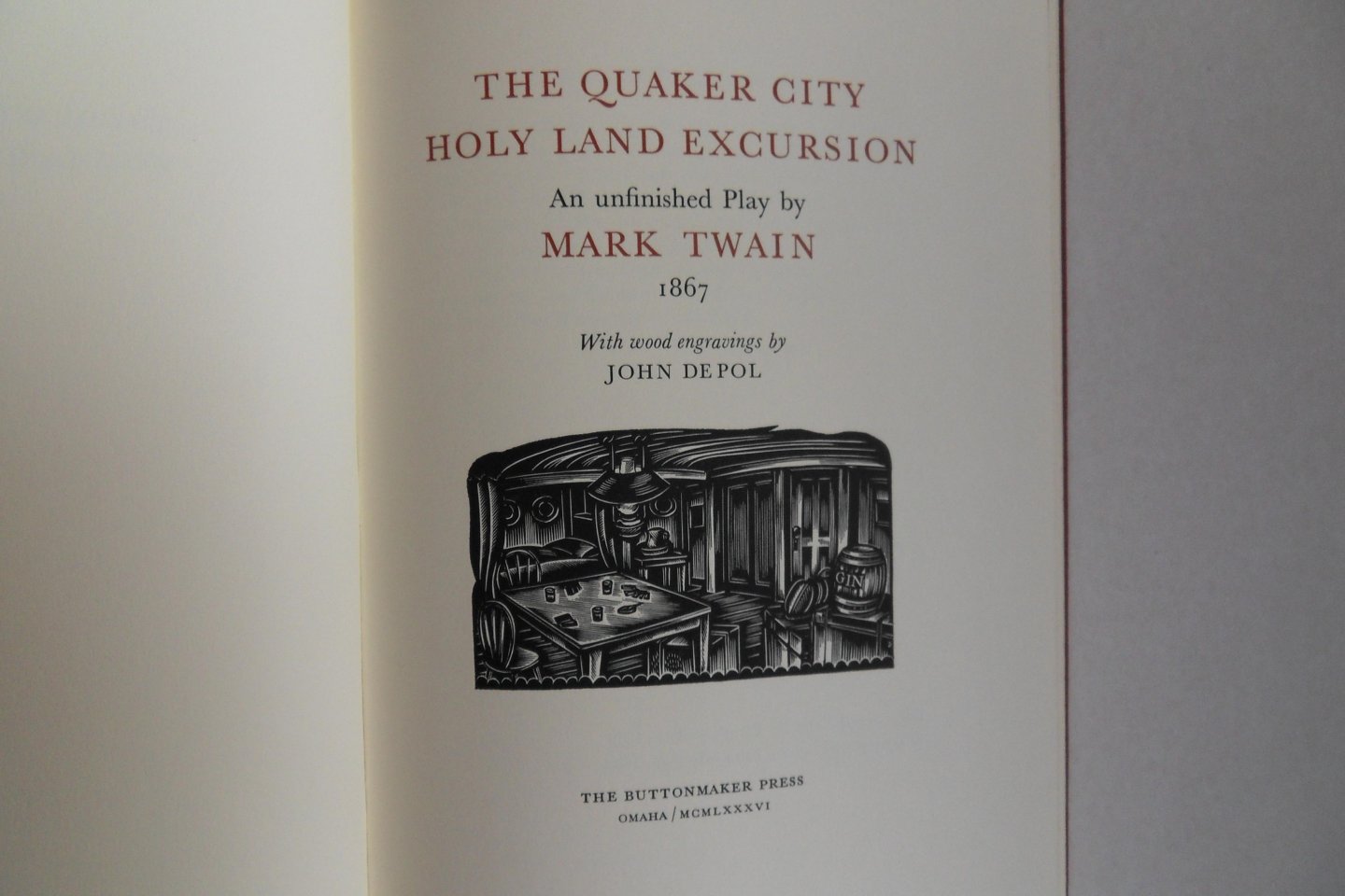 Twain, Mark. [ Signed by the artist John de Pol ]. - The Quaker City. - Holy Land Excursion. - An unfinished Play by Mark Twain, 1867. - With woodengravings by John de Pol. [ Genummerd ex.: 78 / 150 ].