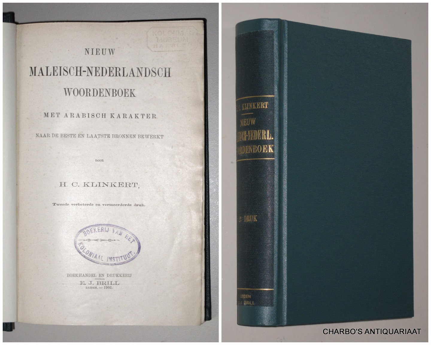 KLINKERT, H.C., - Nieuw Maleisch-Nederlandsch woordenboek met Arabisch karakter, naar de beste en laatste bronnen bewerkt.