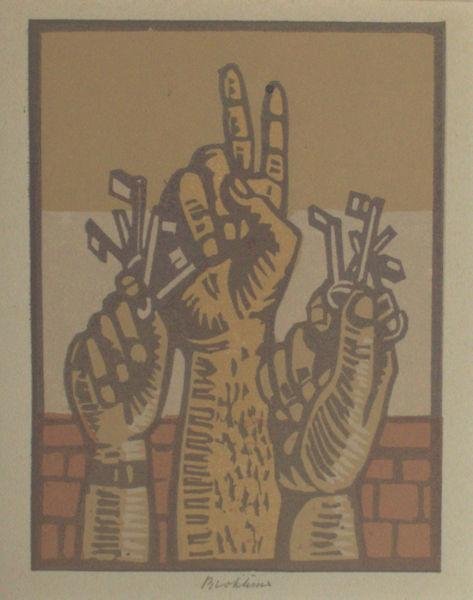 Blokhuis, Henk - Drie handen met vredesteken en sleutels.