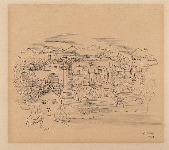 SALIM, Saraochim - Vrouw in landschap met gebouwen. (Originele pentekening).