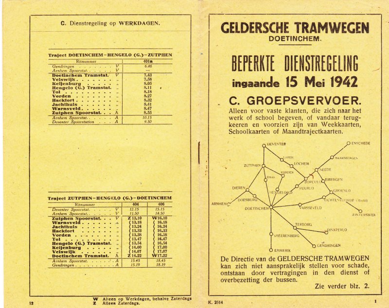  - Geldersche Tramwegen, G.T.W.  dienstregeling 15 mei 1942