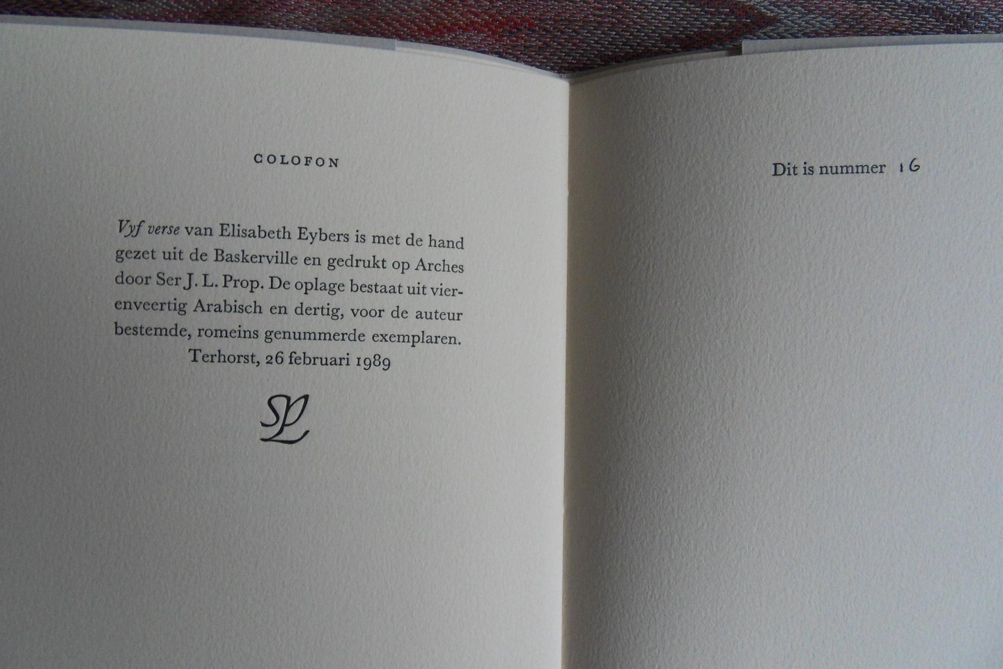 Eybers, Elisabeth. - Vyf Verse. [ Genummerde oplage 16 / 44 ex. ].