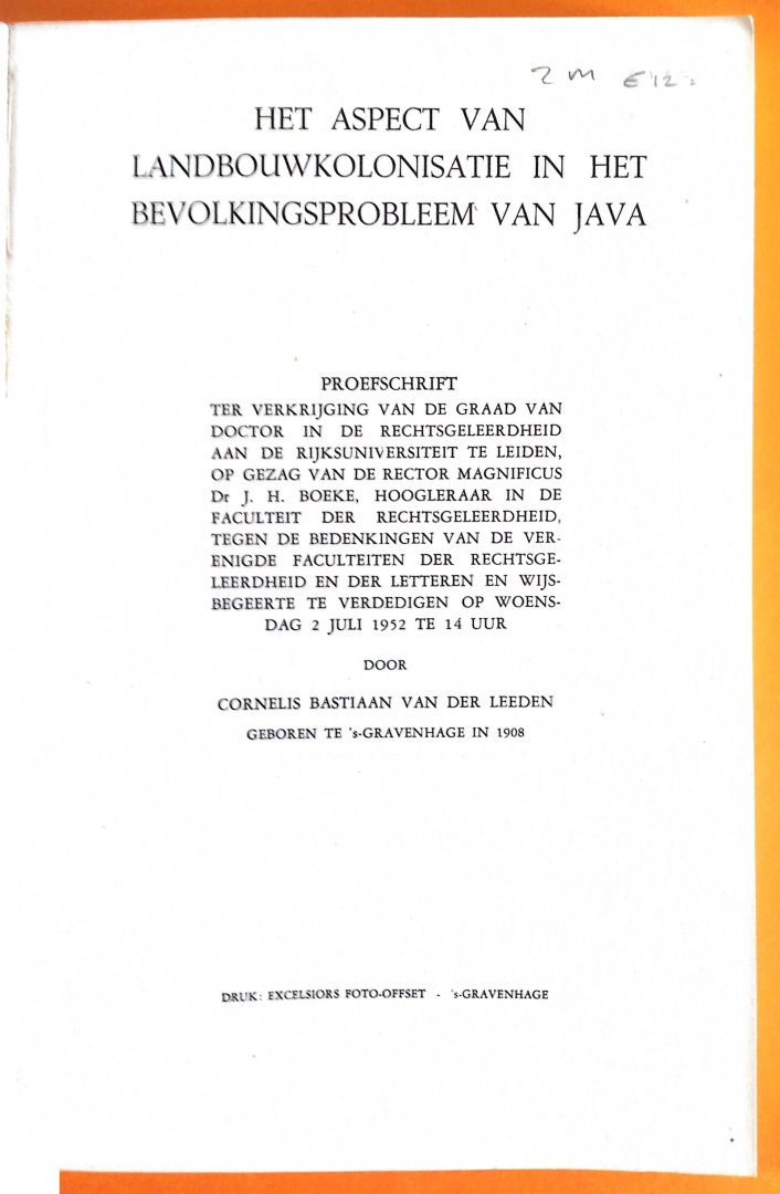 C.B. van der Leeden - Het aspect van de landbouwkolonisatie in het bevolkingsprobleem van  Java