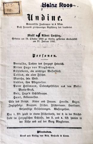 Lortzing, Albert: - [Libretto] Undine. Romantische Zauberoper in 4 Akten. Nach Fouqués gleichnamiger Erzählung frei bearbeitet