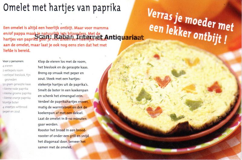 Arkel, Francis van - Prentbriefkaart: Ontbijt en zo. De nieuwe keuken - Omelet van hartjes van paprika