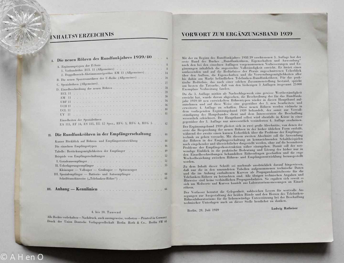 Ratheiser, Ludwig - Rundfunkröhren ; Eigenschaften und Anwendung ; Ergänzungsband 1939 zur 3. und 4. Auflage