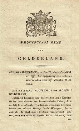 SIGNALEMENT - Besluit van den 20 Augustus 1834, ter opsporing van zekeren zwervenden Haring Jacobs Wiersema 1834.