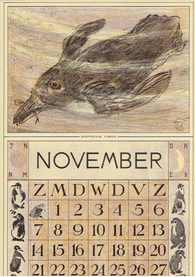 HOYTEMA, Theo van [HOIJTEMA] - Kalenderblad T. v. Hoytema - Zwemmende pinguin - november  - kalenderjaar 1914.