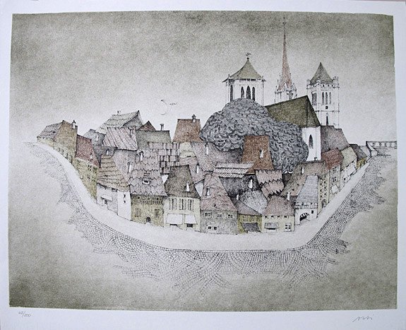 CZINNER, Ossi - Impression on a village. original coloured lithograph.