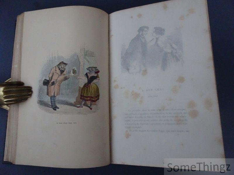 Grandville, Jean-Jacques et M. Quitard. - Grandville. Cent proverbes. Texte par trois têtes dans un bonnet. [Avec 51 planches de Grandville, coloriées à la main].