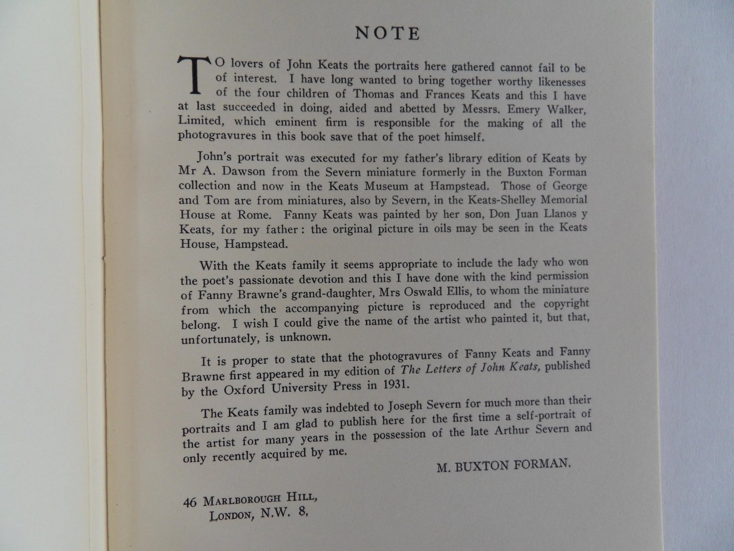 Buxton Forman, M. [ inleiding ]. - John Keats and His Family. - A series of portraits. [ Six Photogravures ]. [ Only 100 copies printed ].
