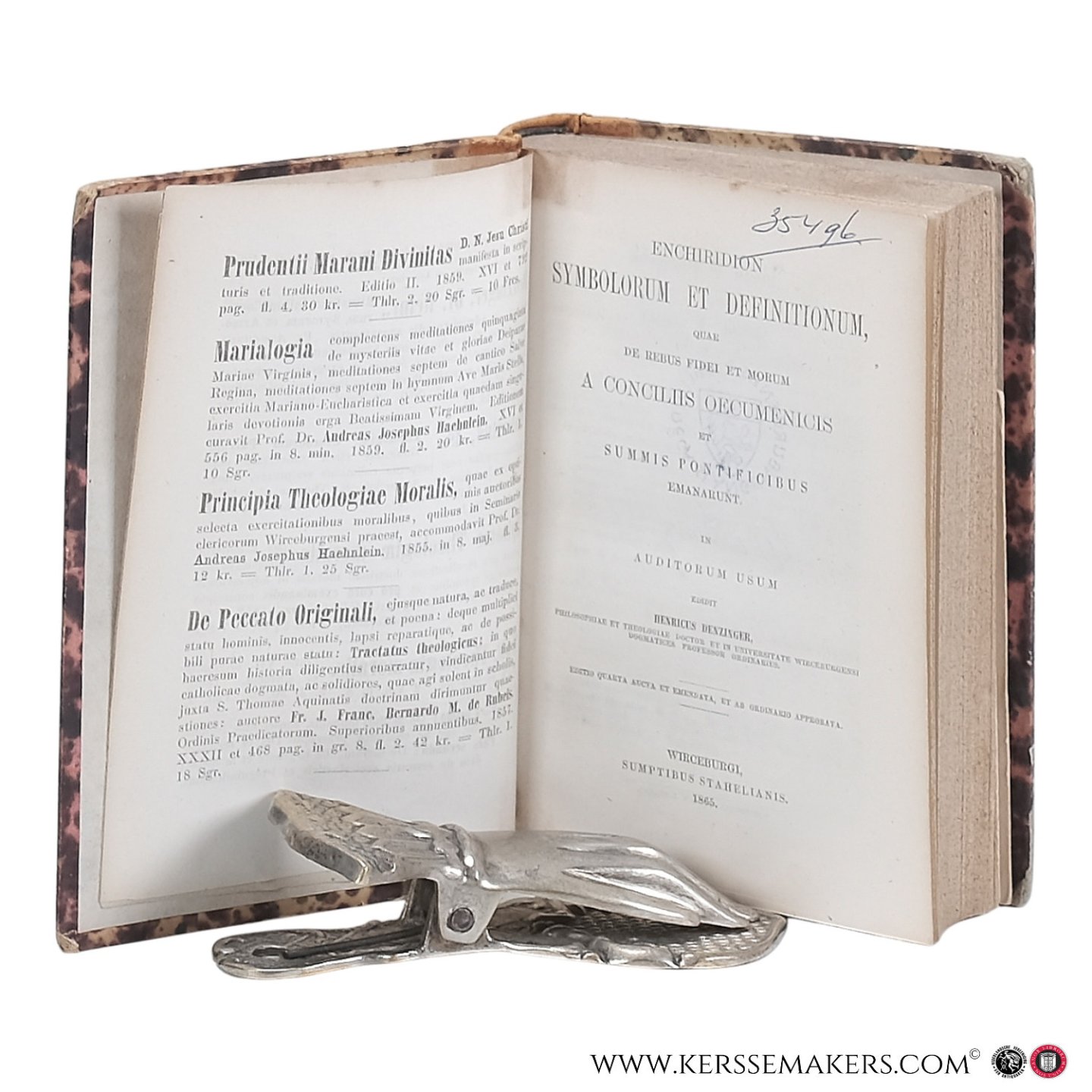Denzinger, Henricus [Heinrich]. - Enchiridion symbolorum et definitionum quae de rebus fidei et morum a conciliis oecumenicis et summis pontificibus emanarunt. Editio quarta aucta et emendata, et ab ordinario approbata.