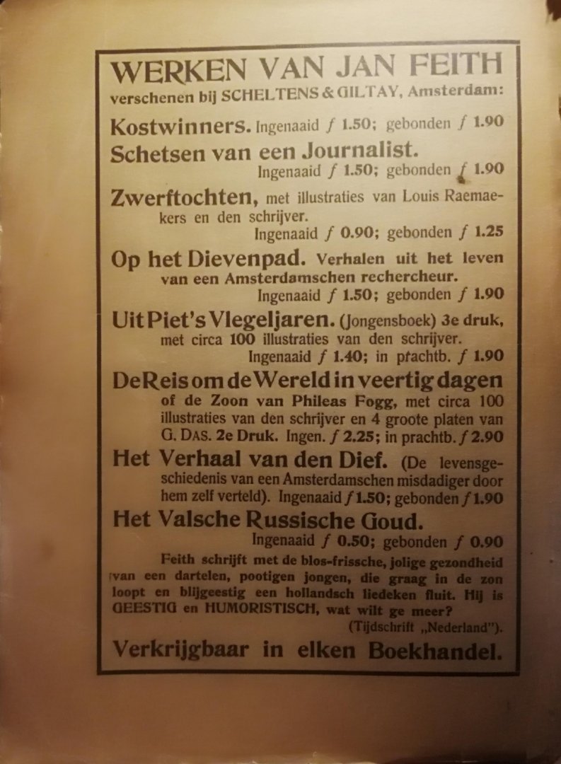 Feith , Jan . [ ISBN   ] 2319 - Een Week als Vliegmensch . ( Met titelplaat en 10 platen buiten de tekst (enkele met meerdere illustraties op een plaat). Tekst compleet. Eén illustratie toont "De Nederlandsche aviateur Hilgers met zijn vliegmachine te Ede". Hilgers was de eerste -