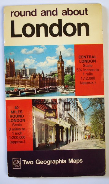  - Round and about London: Central London, scale 5,25 inches to 1 mile, 1: 12,000. 40 miles round London, scale 3 miles to 1 inch, 1:200,000. Two Geographia Maps. - ISBN 0092040004.