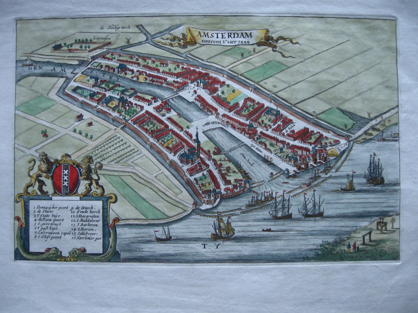 O & J. Smient Rieuwertsz Waesberge 1663: kaart gravure Amsterdam; - Schitterend gekleurde gravure plattegrond stadsplattegrond vogelvlucht Amsterdam 1663