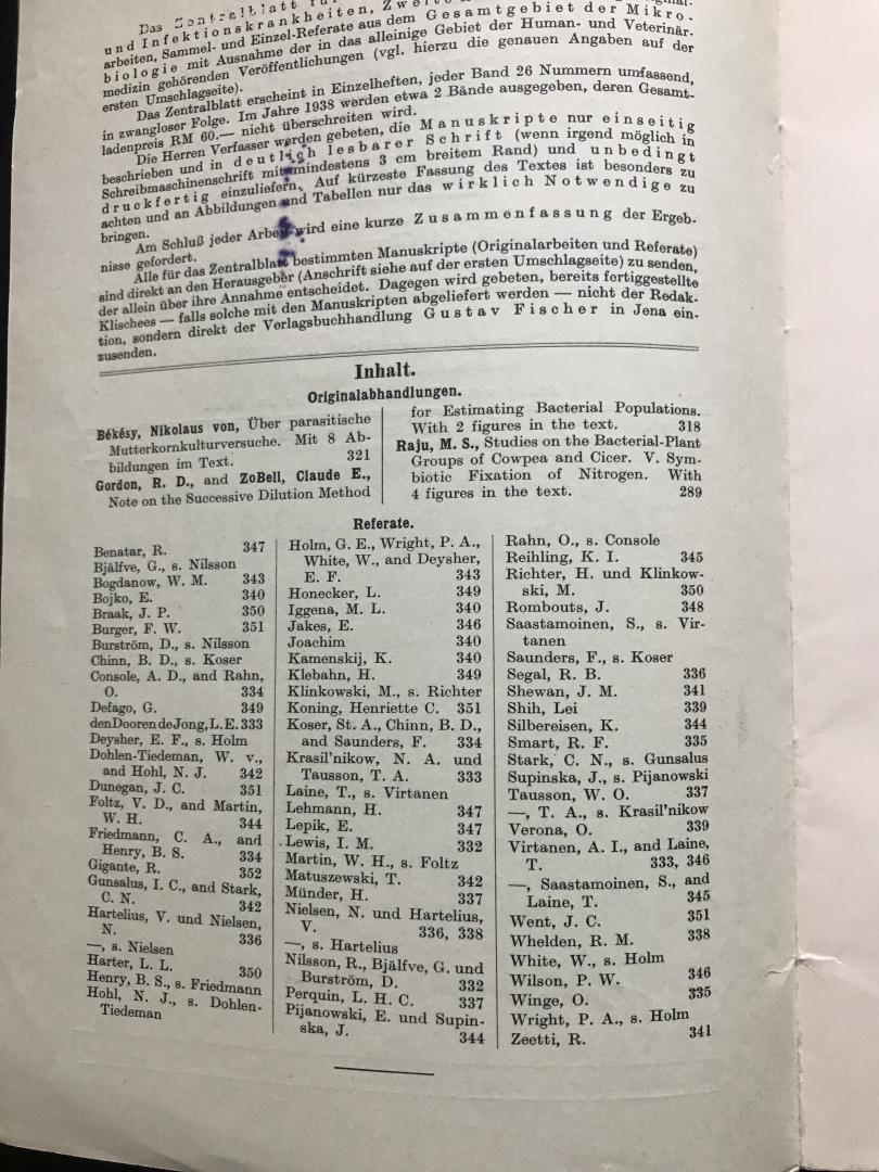 Békésy, Nikolaus von; Gordon, R.D. and ZoBell, Claude E., Raju M.S. - Zentralblatt für Bakteriologie, Parasitenkunde und Infektionskrankheiten. 99. Band Nr. 14/17