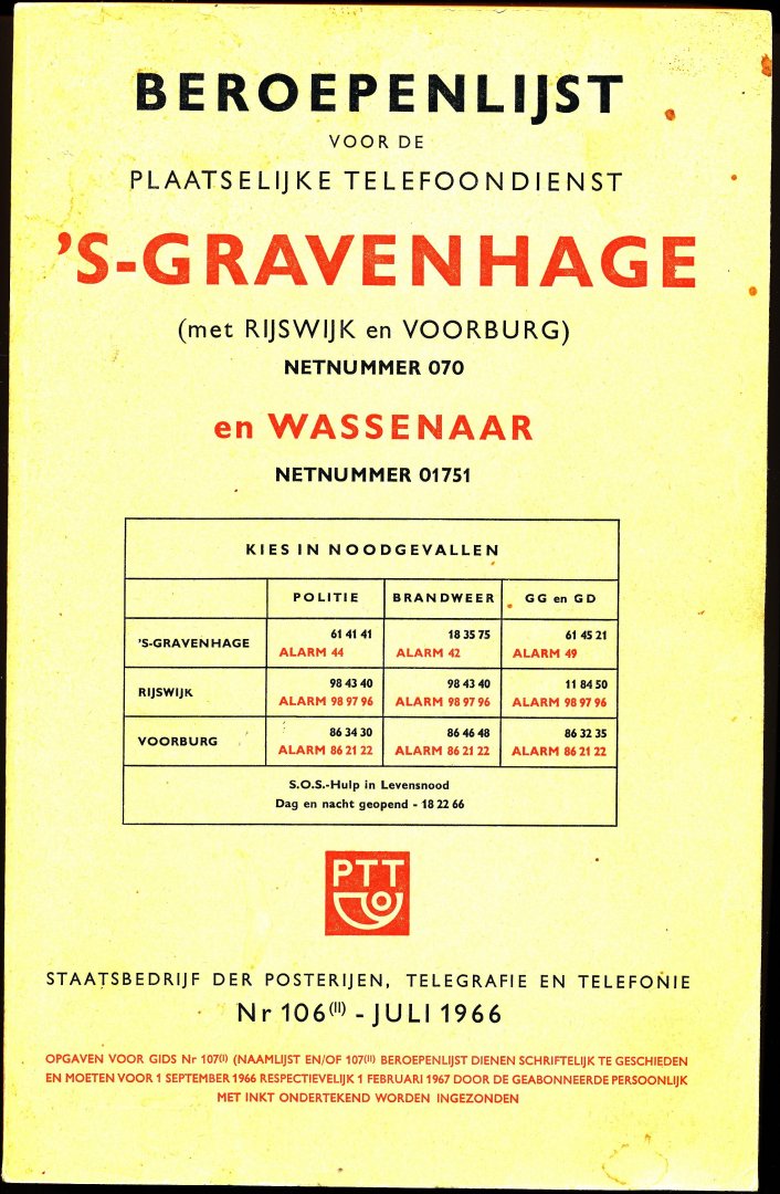  - Beroepenlijst voor de Plaatselijke Telefoondienst 'S-Gravenhage (met Rijswijk en Voorburg) en Wassenaar
