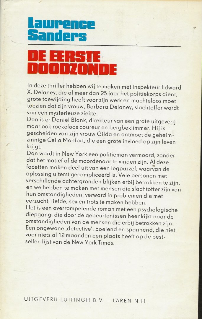 Sanders  Lawrence   Vertaald door Co de Groot  Omslagontwerp Henk de Boer - De Eerste  Doodzonde