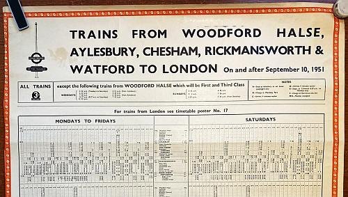 BRITISH RAIL - Trains from Woodford Halse, Aylesbury, Chesham, Rickmansworth & Watford to London. On and after September 10, 1951. Large British Rail Station Timetable Poster.