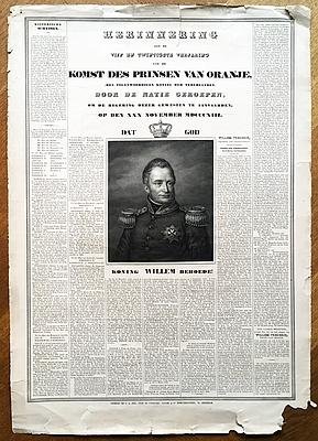 WILLEM I, Koning - Herinnering aan de vijf en twintigste verjaring van den komst des Prinsen van Oranje, (den tegenwoordigen Koning der Nederlanden), door de natie geroepen, om de regering dezer gewesten te aanvaarden, op den 30 November 1813.