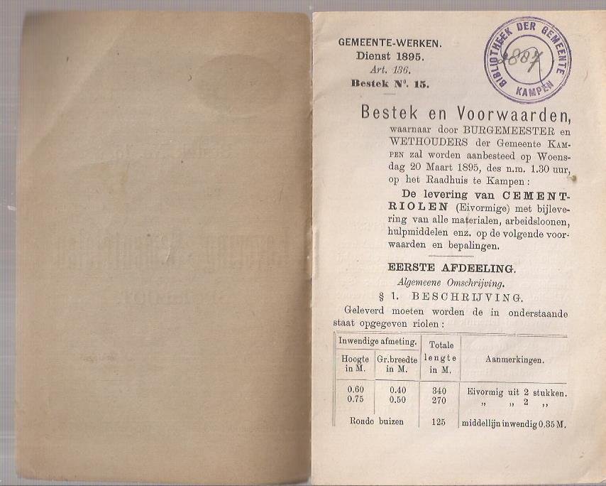 Vidal de St. Germain, K. de - Gemeente-Werken. Dienst 1895. Art. 136. Bestek No. 15 Bestek en voorwaarden, waarnaar door Burgemester en Wethouders der Gemeente Kampen zal worden aanbesteed op Woensdag 20 Maart 1895, des nm 1.30 uur op het Raadhuis te Kampen: De levering van  Ceme