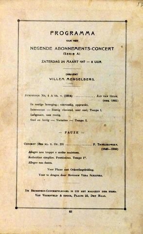 Schapira, Vera: - [Programmheft] Programma van het negende Abonnements-Concert (serie A) Dirigent Willem Mengelberg. Solist: Vera Schapira, piano