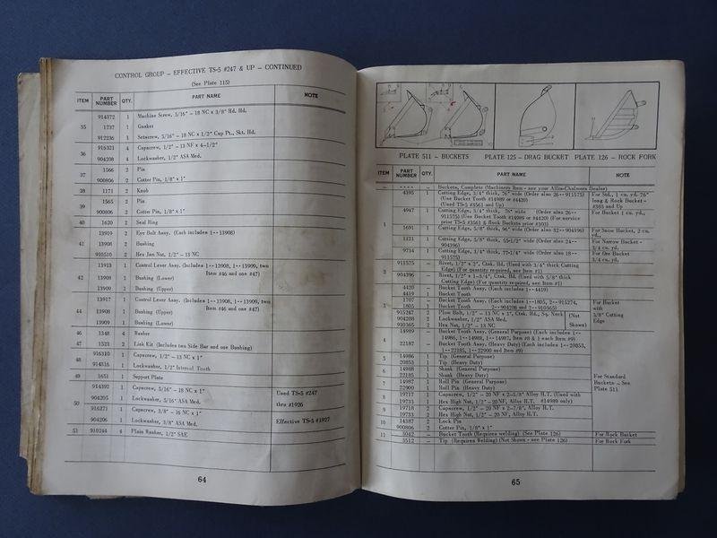 N/A. - Operators manual and parts list TS-5 Tractoshovel.  Serial no. 1 and up.