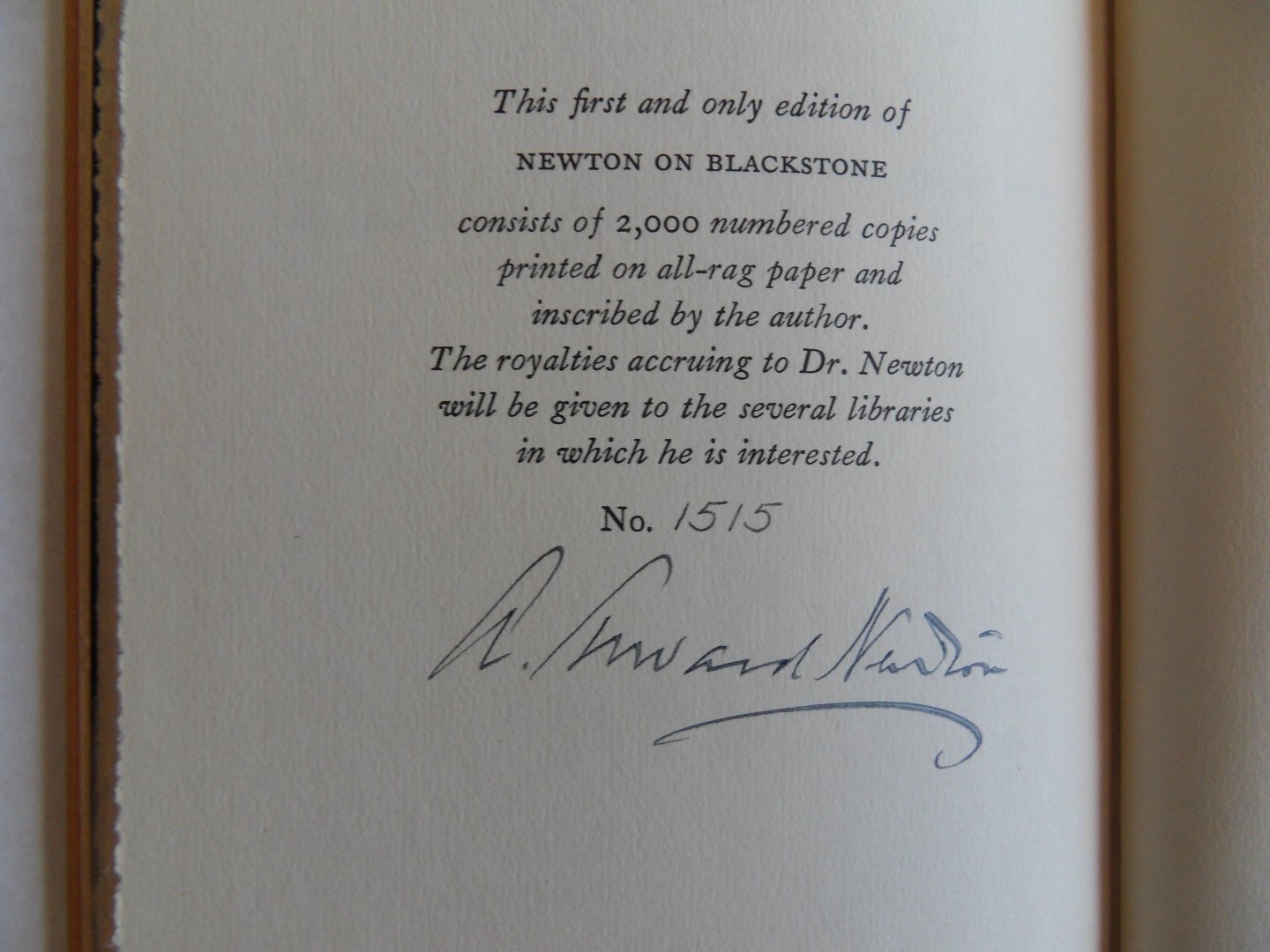 Newton, A. Edward. [ SIGNED by the author under the colophon ]. - Newton on Blackstone. [ only printed once in 2000 copies - numbered 1515 ].