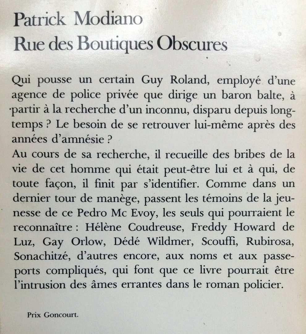 Modiano, Patrick - Rue des Boutiques Obscures (Ex.1) (FRANSTALIG)
