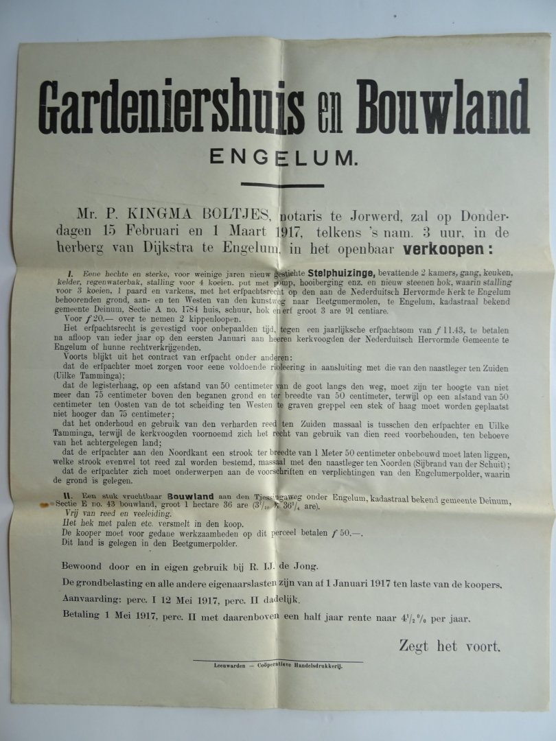  - Aanplakbiljet: 1917 ENGELUM,Gardenietrshuis en Bouwland, Openbare verkoping