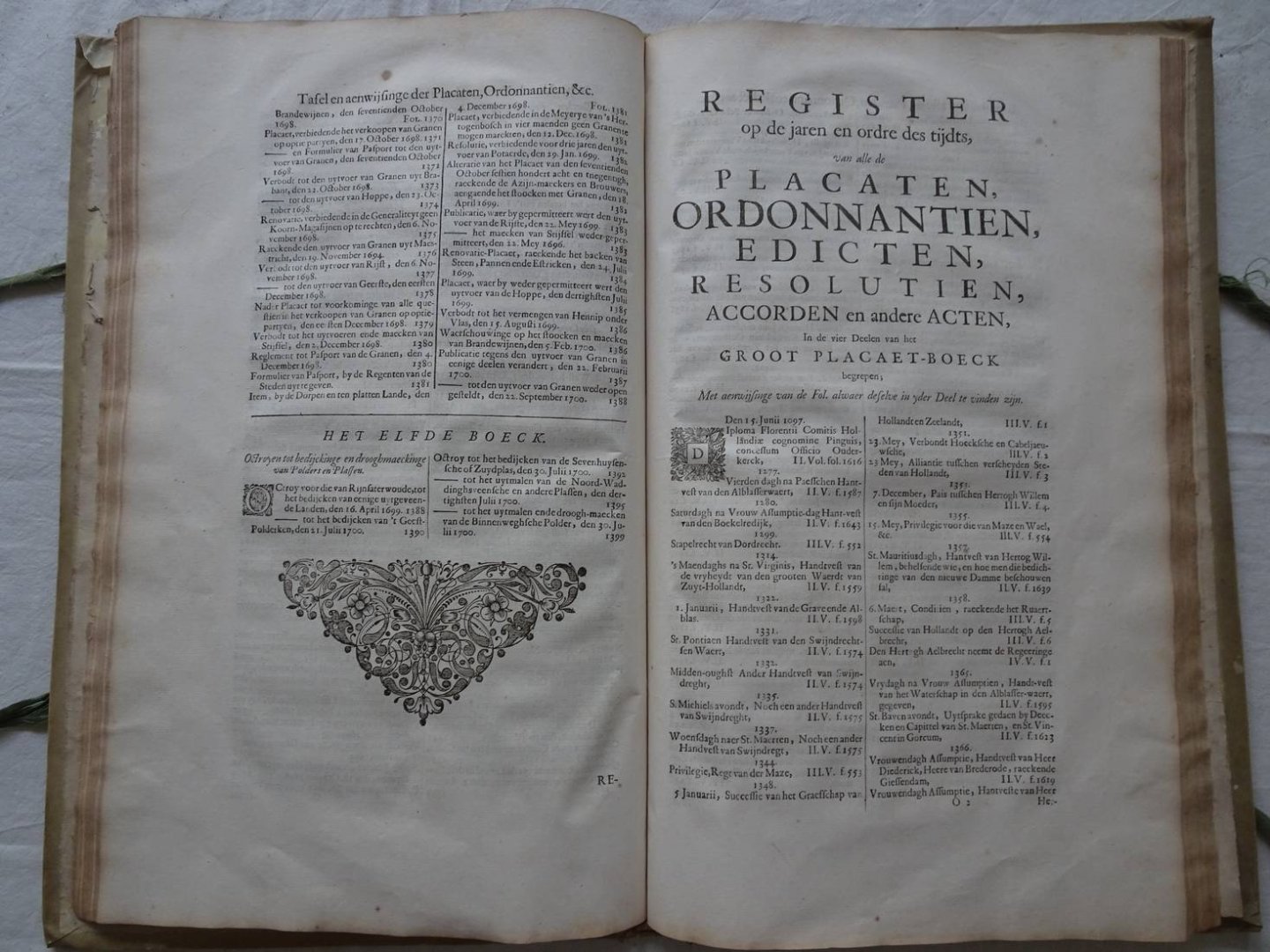 N.n.. - Generael register van alle de placaten, ordonnantien, resolutien, statuten en edicten, begrepen in de vier Deelen van het Groot Placaet-Boeck.  Vervattende I. Den korten Inhoudt van de Stucken en Saken soo als de selve vervolgens in yeder Deel...