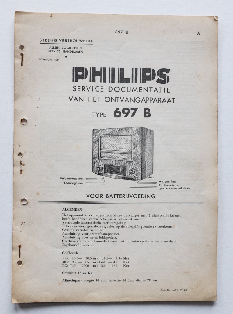  - Philips service documentatie - van het ontvangapparaat 697B - voor batterijvoeding