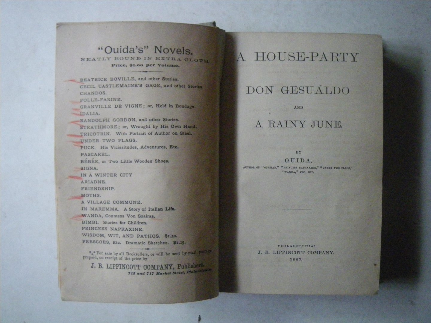 Ouida (pseudonym of the English novelist Maria Louise Ramé) - A House Party, Don Gesualdo and A Rainy June