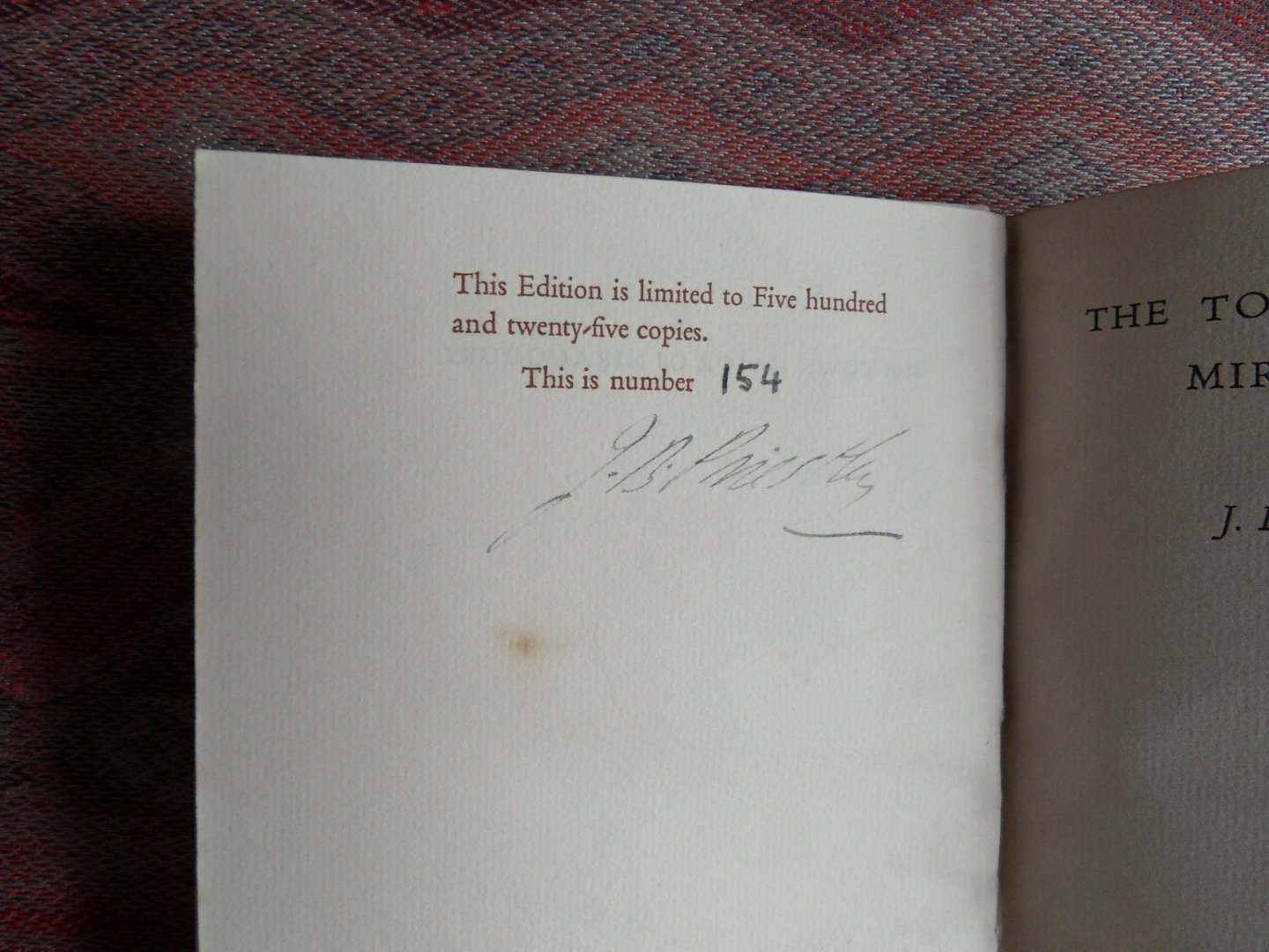 Priestley, J.B. [ GESIGNEERD door de auteur ]. - The Town Major of Miraucourt. [ Genummerde oplage 154 / 525 ].