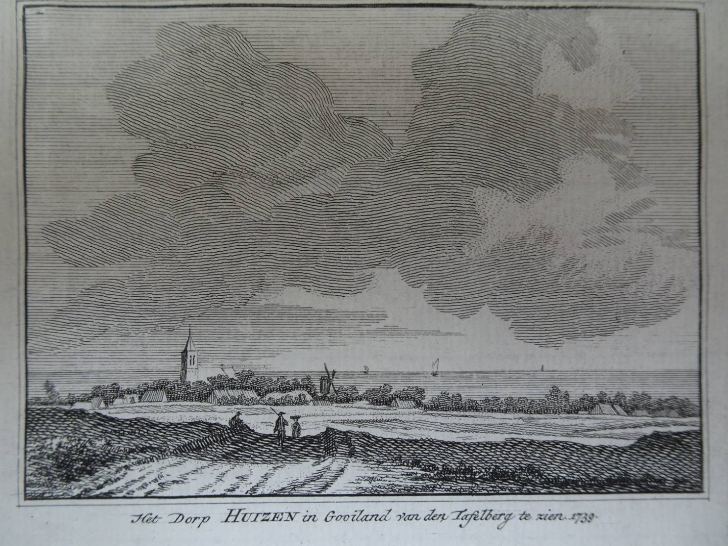 Huizen. - Het Dorp Huizen in Gooiland van den Tafelberg te zien, 1739.