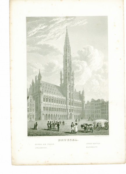 Batty, R. & Woolnoth, W. - Brussel Stadhuis. Originele staalgravure.