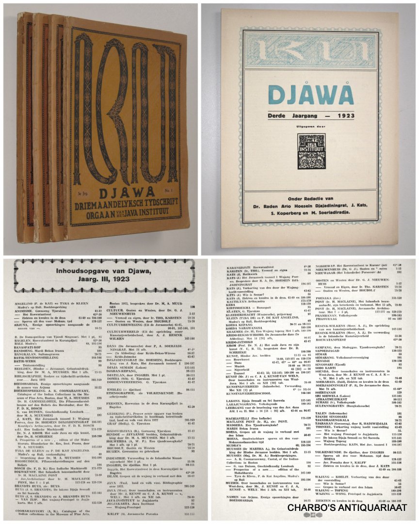 DJAJADININGRAT, RADEN AR IO HOESEIN (et al, eds.), - Djawa. Driemaandelijksch tijdschrift uitgegeven door het Java-Instituut. Derde jaargang, 1923. (Complete in 4 vols.).
