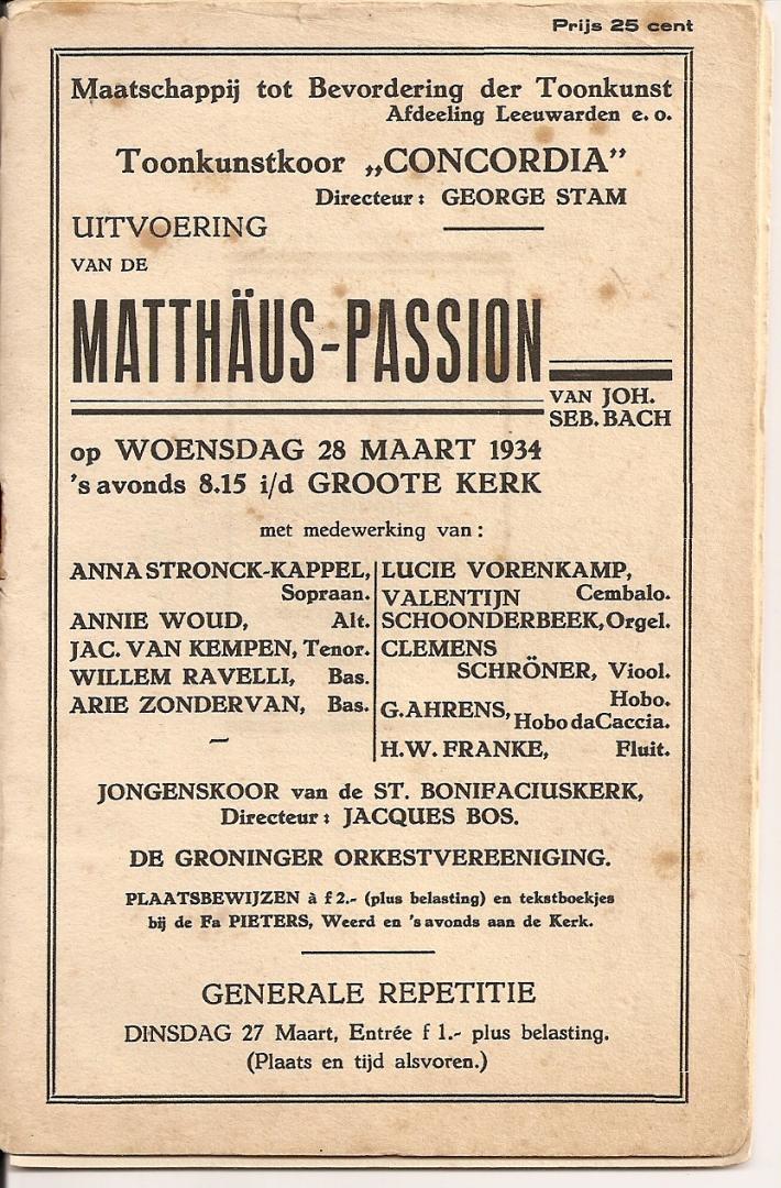  - 1934. Toonkunstkoor Concordia Leeuwarden. Uitvoering Matthaüs Passion.