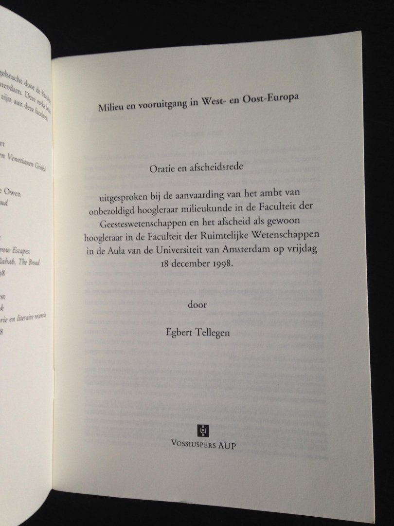 Tellegen, Egbert - Milieu en vooruitgang in West-en Oost-Europa, Oratie en afscheidsrede