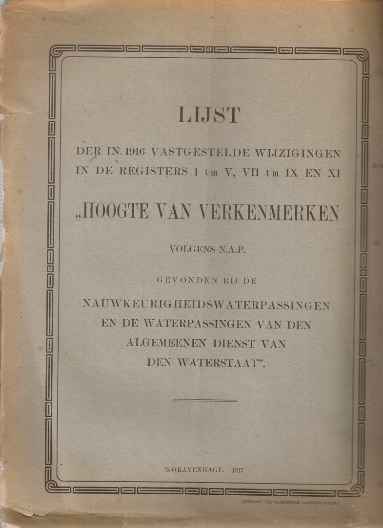 NN - Lijst der in 1916 vastgestelde Wijzigingen in de Registers I- XI: "Hoogte van Verkenmerken volgens N.A.P. Gevonden bij de Nauwkeurigheidswaterpassingen en de waterpassingen van den Algemeenen Dienst van den Waterstaat".