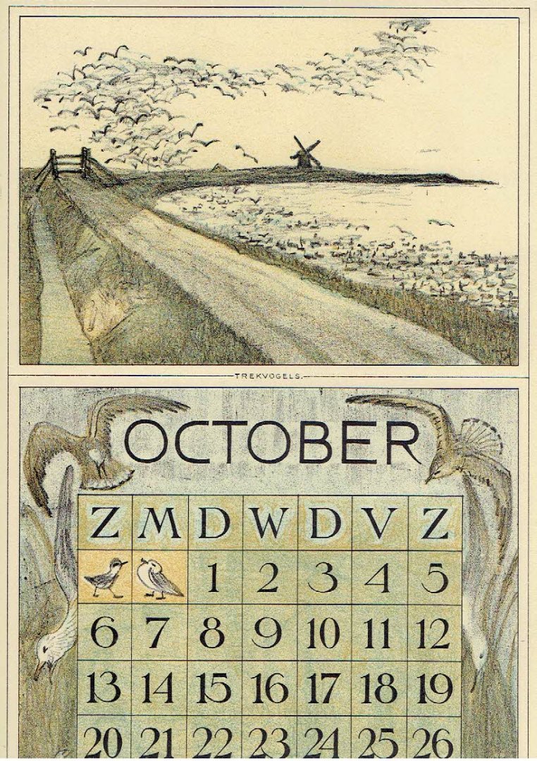 HOYTEMA, Theo van [HOIJTEMA] - Kalenderblad T. v. Hoytema - Trekvogels - october - kalenderjaar 1912.