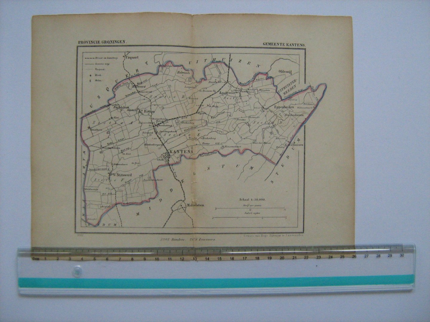  - Oudtijds grensgekleurde lithografie van Gemeente KANTENS, Groningen 1867