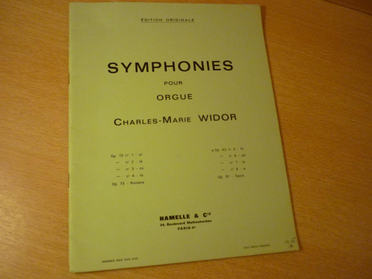 Widor; Charles-Marie - Symphonies pour Orgue; Symphonies op. 13 et 42 pour orgue. 2me série Op. 42. No. 5. En fa. Nouvelle édition, revue, corrigée et entièrement modifiée par l`auteur (1914-1918)