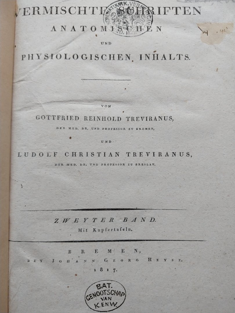 Treviranus, Gottfried Reinhold und Treviranus, Ludolf Christian. - Vermischte Schriften anatomischen und physiologischen Inhalts. Fortsetzung der abhandlungen über den innen bau der ungeflugelte insekten