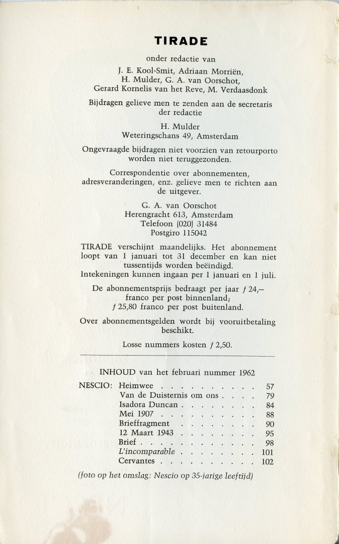 Kool-Smit/ Morriën/ Mulder/ Oorschot,v./ Reve,v.h./ Verdaasdonk - Tirade. Niet eerder gepubliceerde verhalen en fragmenten van Nescio