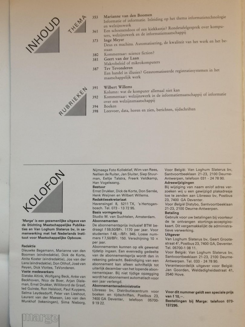 van den Boomen, Inge Meyer, van dre Laan, Tevonderen, e.a. - MARGE-- De Elektroniese welzijnswerker Informatietechnologie en Welzijn