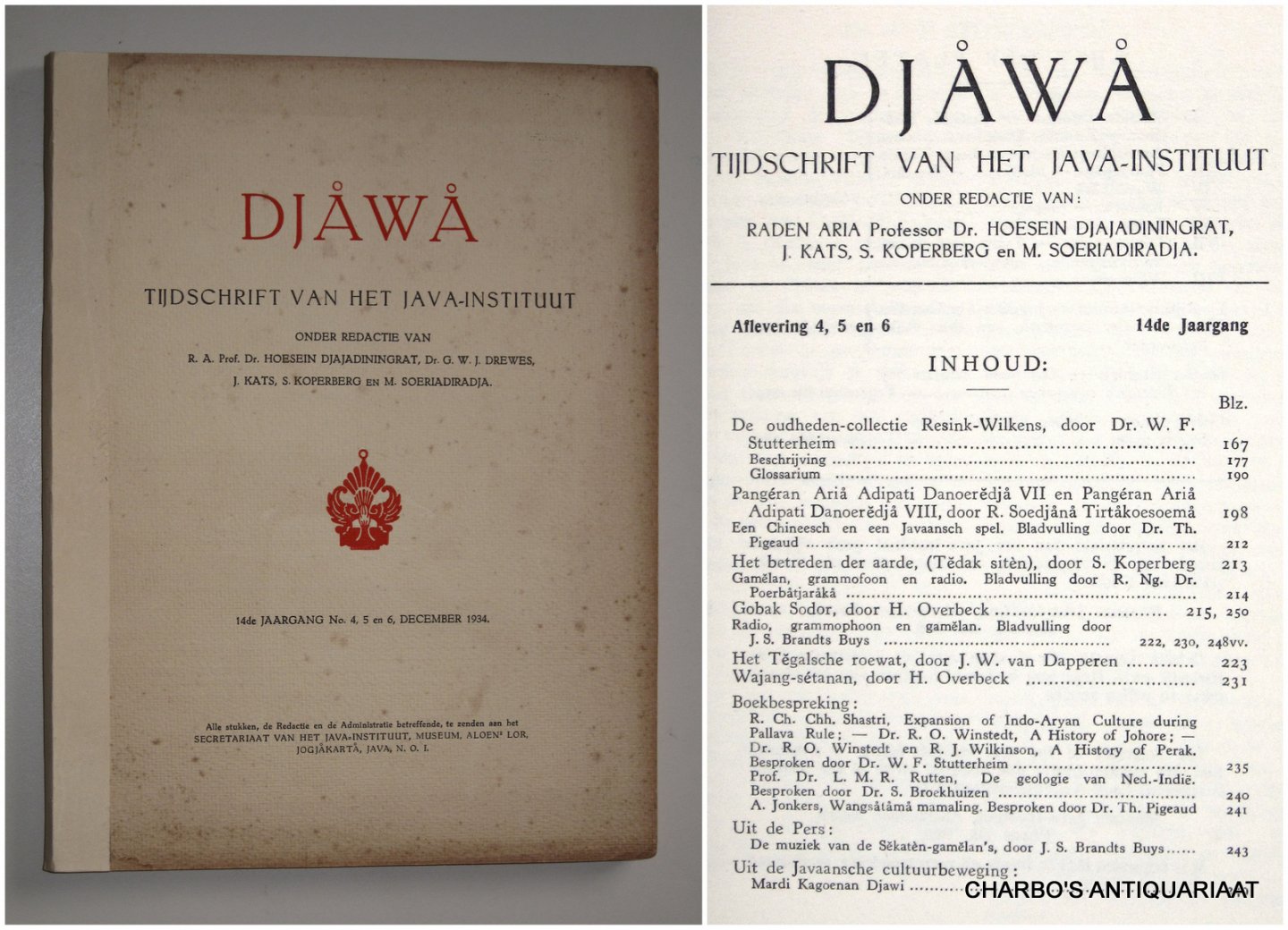 DJAJADININGRAT, HOESEIN (et al, eds.), - Djawa. Tijdschrift van het Java-Instituut. 14e jaargang, afleveringen 4, 5 en 6 (December 1934).